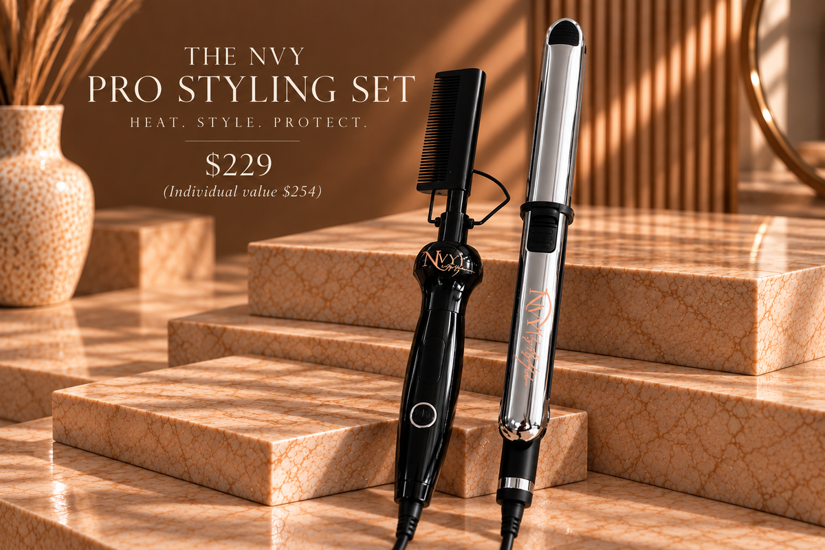 The NVY Pro Styling Set — hot comb and flat iron